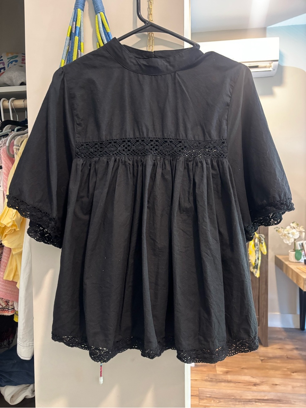 Black Crochet Trim Babydoll Blouse